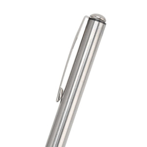 Back Scratcher Extendable with a slim silver stainless steel handle and attached pocket clip for portable carrying.