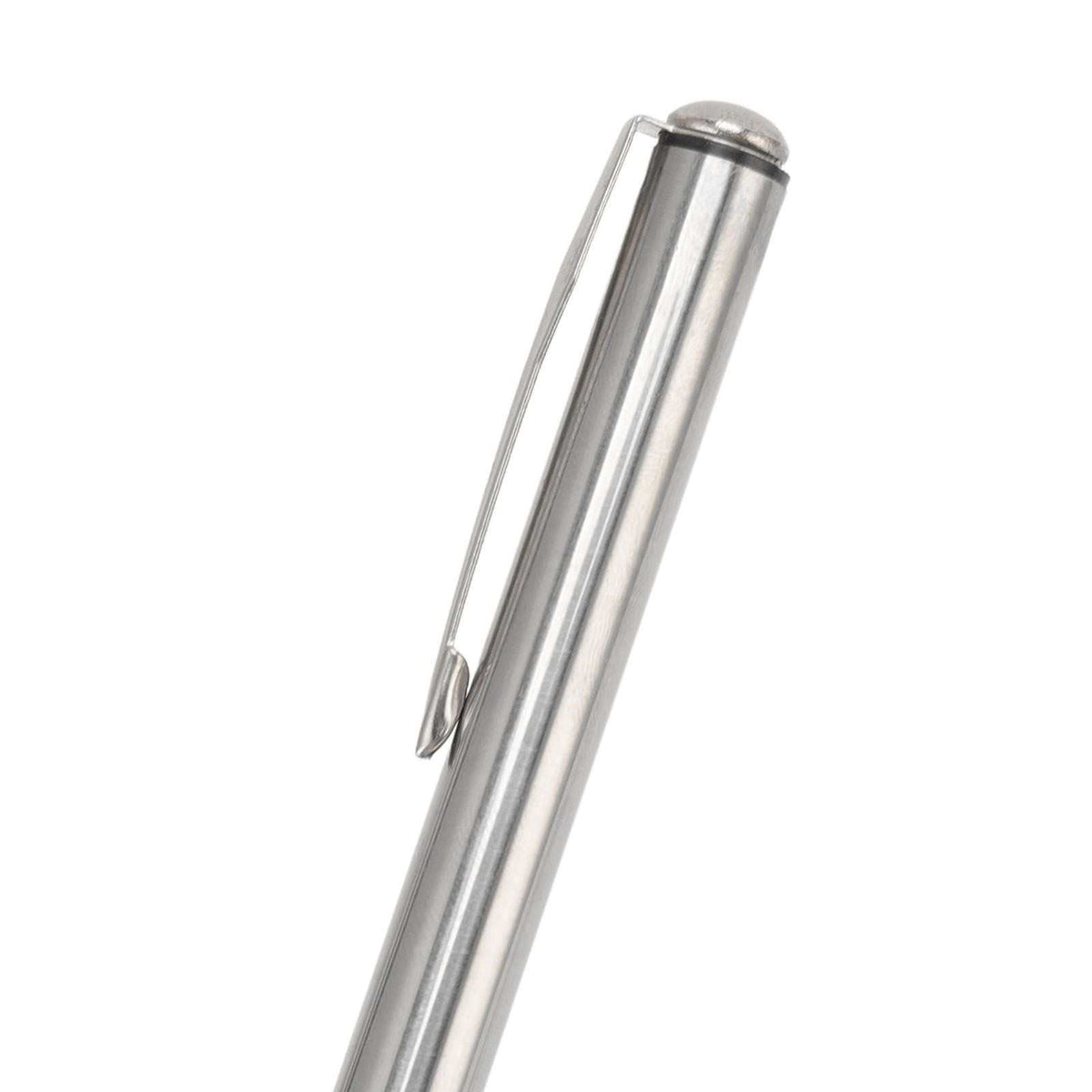 Back Scratcher Extendable with a slim silver stainless steel handle and attached pocket clip for portable carrying.