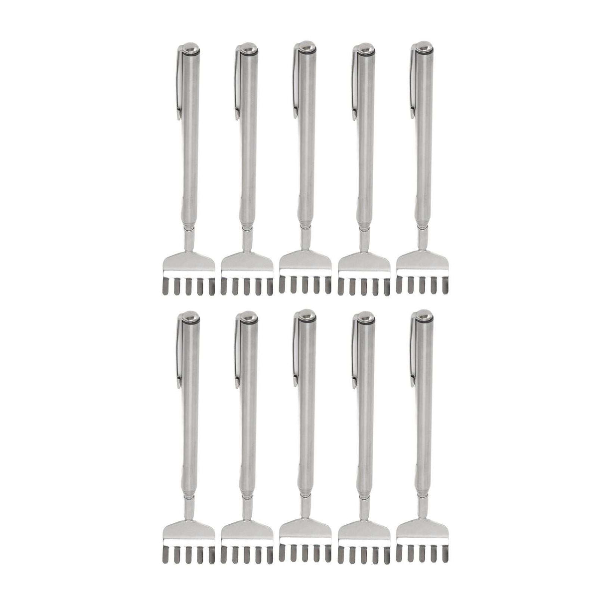 Back Scratcher Extendable set of ten silver stainless steel telescopic scratchers with pocket clips and forked claw heads