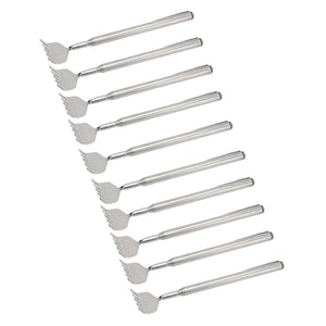 Back Scratcher Extendable set of silver stainless steel telescopic scratchers with wide, toothed claw heads