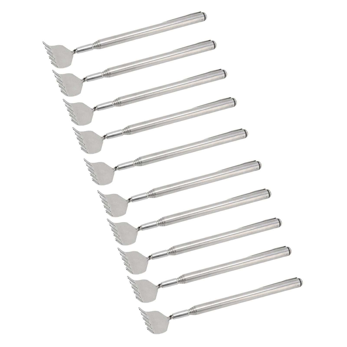 Back Scratcher Extendable set of silver stainless steel telescopic scratchers with wide, toothed claw heads