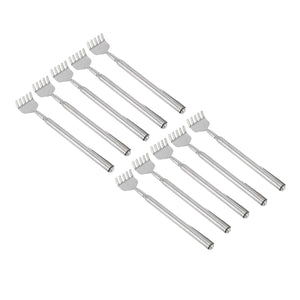 Back Scratcher Extendable set of silver stainless steel telescopic tools with claw-shaped heads and slim handles