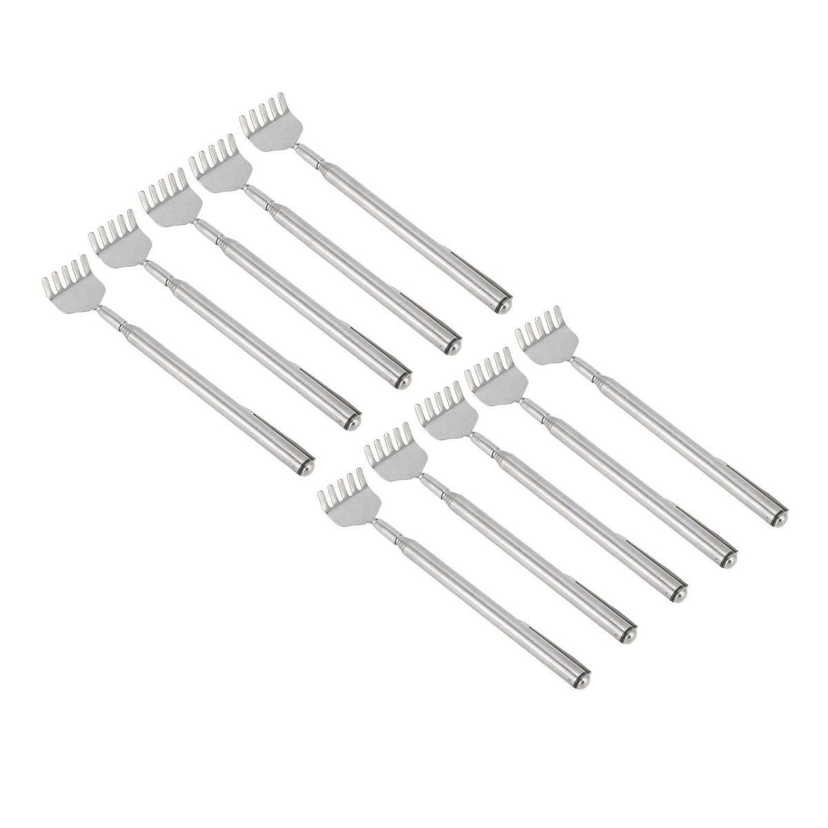 Back Scratcher Extendable set of silver stainless steel telescopic tools with claw-shaped heads and slim handles