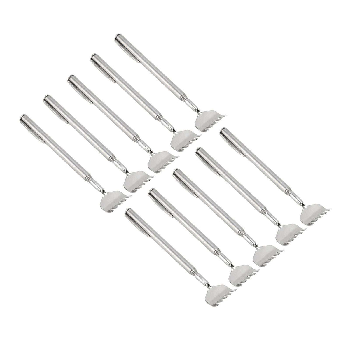 Back Scratcher Extendable set of ten silver stainless steel telescopic scratchers with metal claw heads