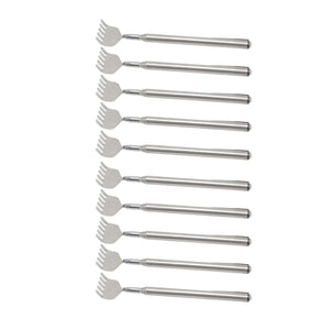 Back Scratcher Extendable set of ten silver stainless steel tools with telescopic handles and forked claw heads