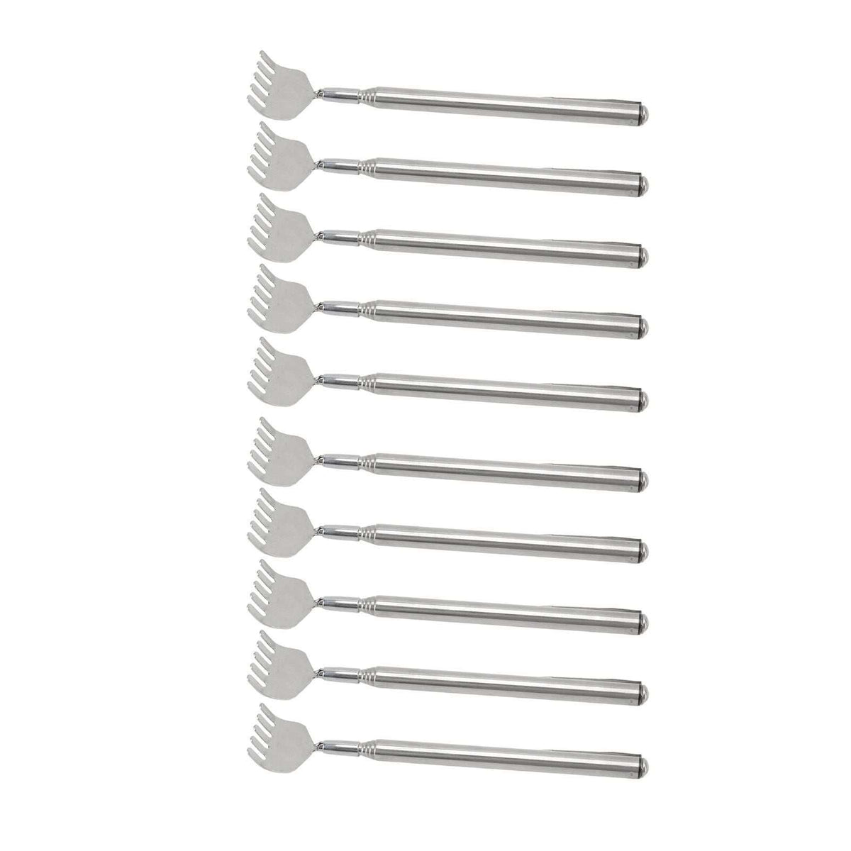 Back Scratcher Extendable set of ten silver stainless steel tools with telescopic handles and forked claw heads