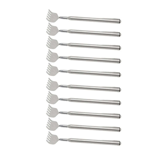 Back Scratcher Extendable set of ten silver stainless steel tools with telescopic handles and forked claw heads