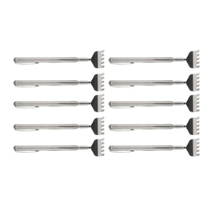 Back Scratcher Extendable set of ten silver stainless steel telescopic tools with claw-shaped scratching heads and pocket clips