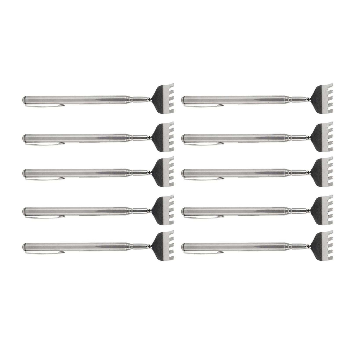 Back Scratcher Extendable set of ten silver stainless steel telescopic tools with claw-shaped scratching heads and pocket clips