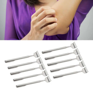 Back Scratcher Extendable set of ten silver stainless steel telescopic tools with wide, comb-like scratching heads