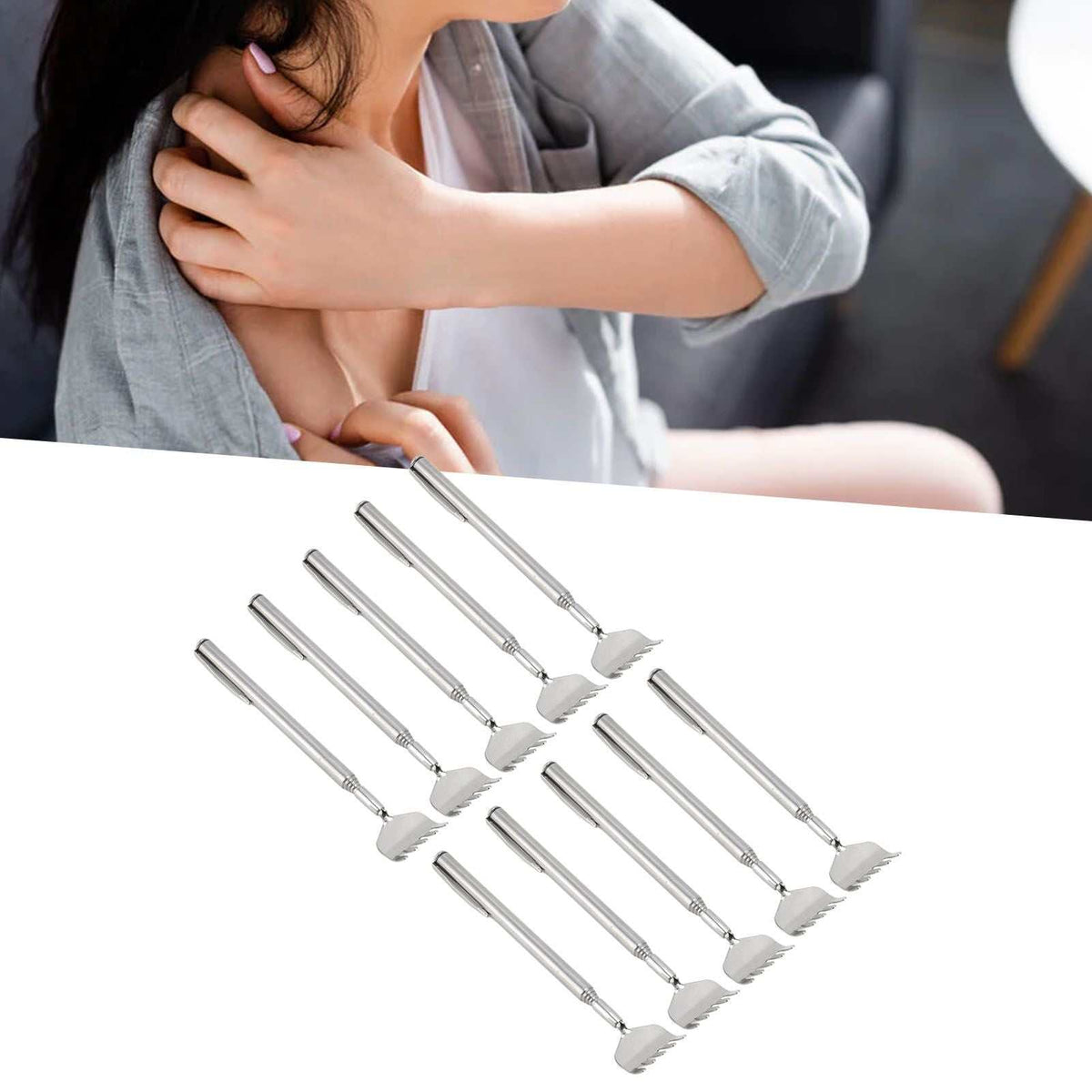 Back Scratcher Extendable set with ten silver stainless steel telescopic handles and wide claw-shaped scratching heads