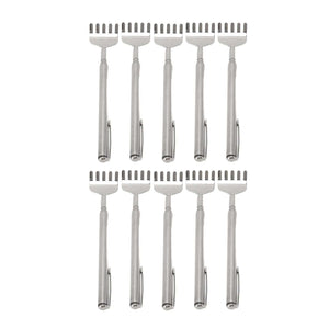 Back Scratcher Extendable set of ten silver stainless steel tools with wide comb-like scratching heads and pocket clips