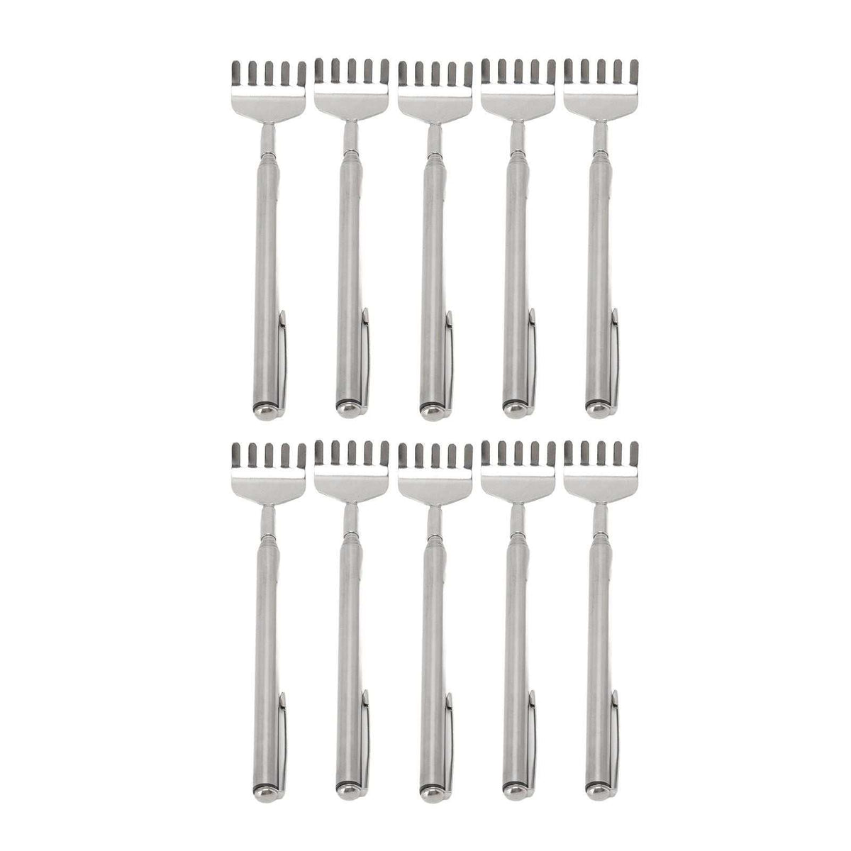 Back Scratcher Extendable set of ten silver stainless steel tools with wide comb-like scratching heads and pocket clips