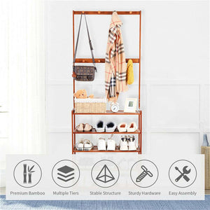 Bamboo 5-Tier Hat Coat Shoe Rack in warm brown with multiple shoe shelves, a top shelf, and hooks for coats and bags