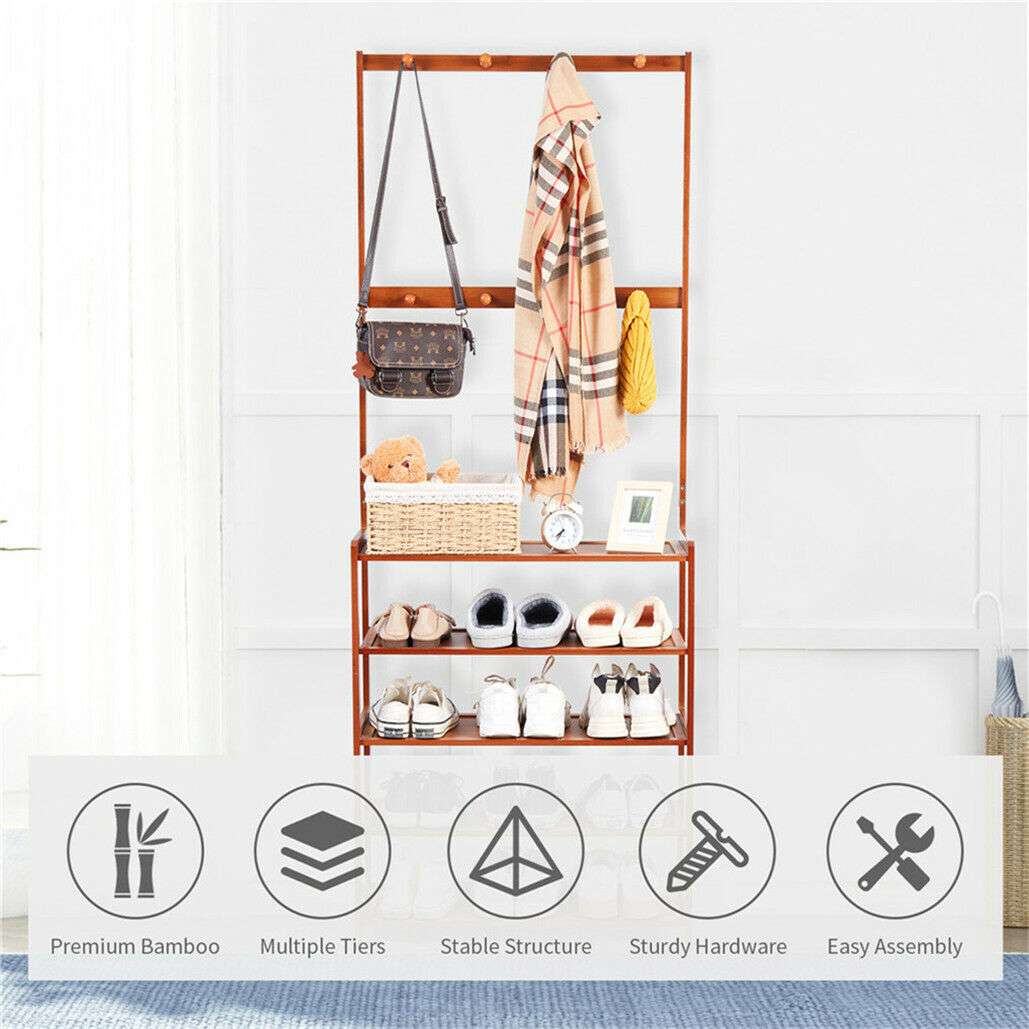 Bamboo 5-Tier Hat Coat Shoe Rack in warm brown with multiple shoe shelves, a top shelf, and hooks for coats and bags