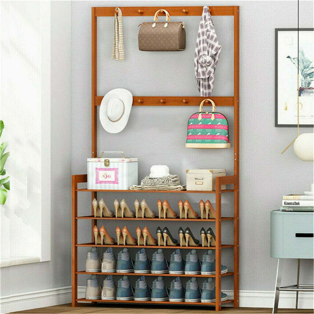 Bamboo 5-Tier Hat Coat Shoe Rack in warm brown with five shoe shelves, multiple hooks, and a top storage shelf