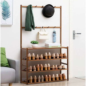 Bamboo 5-Tier Hat Coat Shoe Rack in warm brown with five shoe shelves, upper storage surface and hooks holding hats and coats