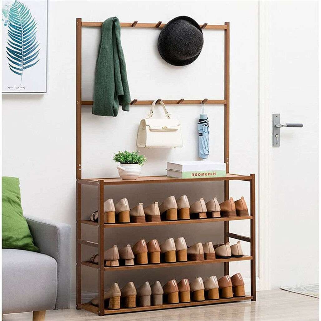 Bamboo 5-Tier Hat Coat Shoe Rack in warm brown with five shoe shelves, upper storage surface and hooks holding hats and coats