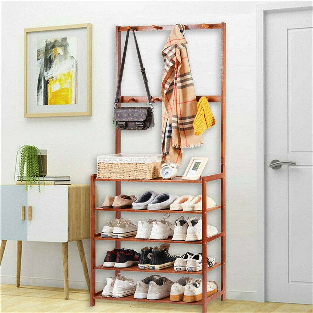 Bamboo 5-Tier Hat Coat Shoe Rack with a warm brown frame, five shoe shelves, and top hooks for coats and hats