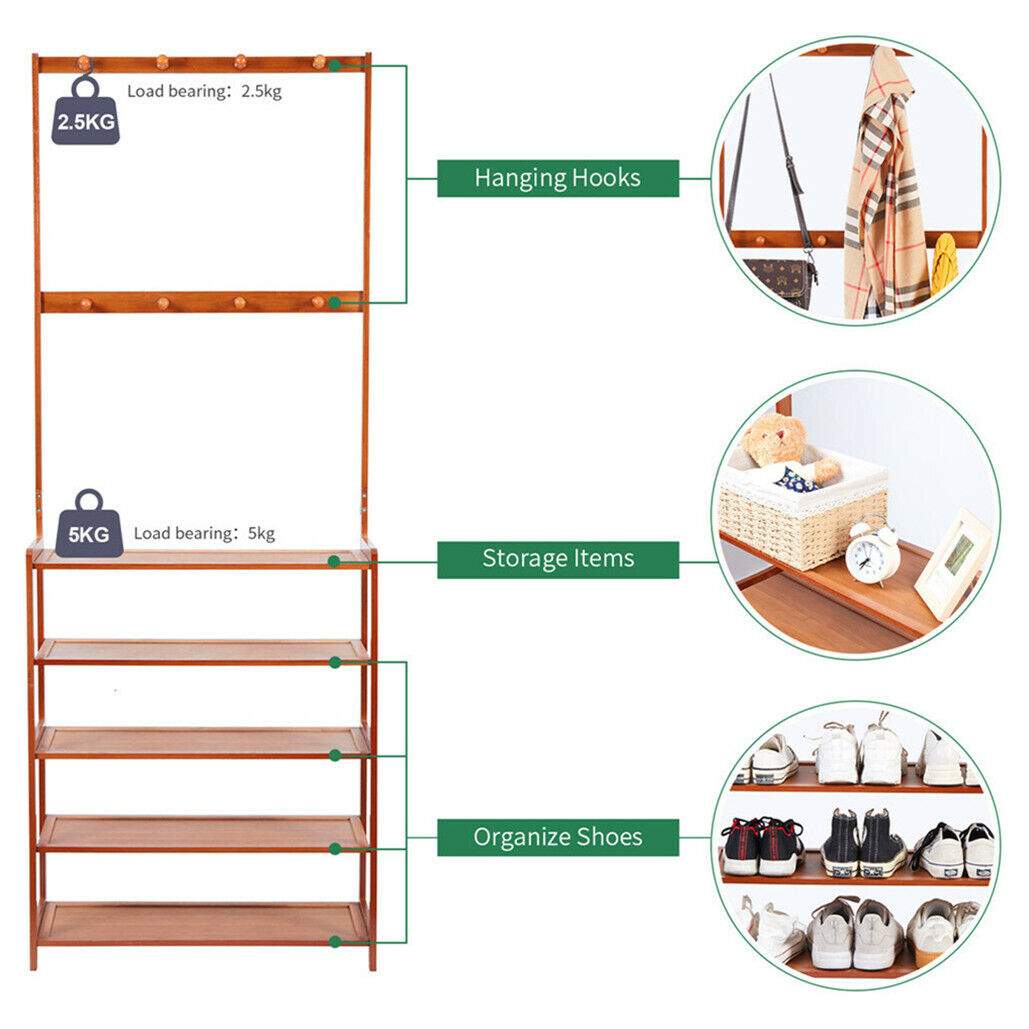 Bamboo 5-Tier Hat Coat Shoe Rack in warm brown with five shelves, hanging hooks, and a top storage shelf