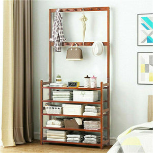 Bamboo 5-Tier Hat Coat Shoe Rack in warm brown wood with five open shelves and hanging bars displaying hats, clothes and linens