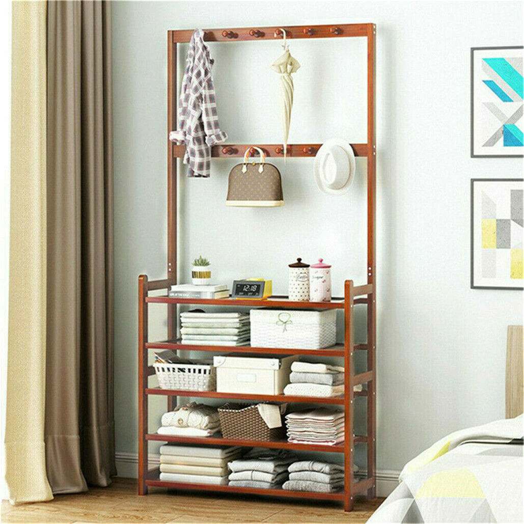 Bamboo 5-Tier Hat Coat Shoe Rack in warm brown wood with five open shelves and hanging bars displaying hats, clothes and linens