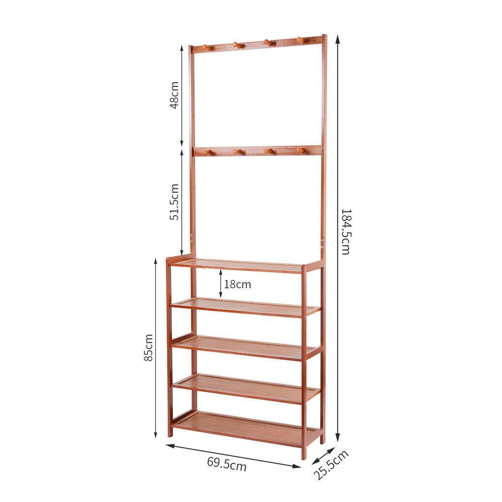 Bamboo 5-Tier Hat Coat Shoe Rack in natural brown, with five shelves, tall side rails and two rows of coat hooks
