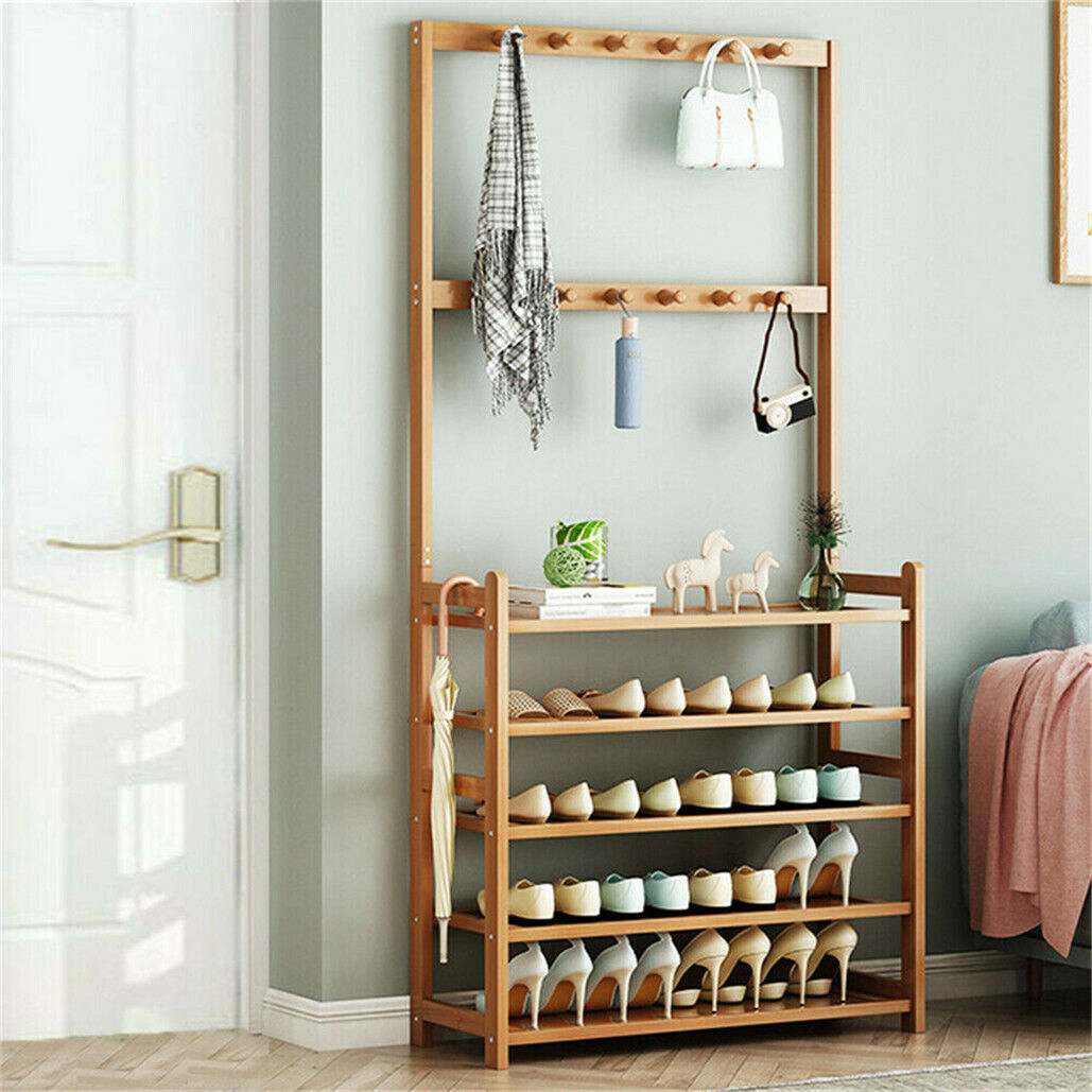 Bamboo 5-Tier Hat Coat Shoe Rack in warm natural wood with shoe shelves, top shelf, and rows of coat hooks