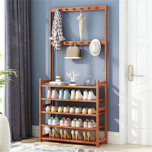 Bamboo 5-Tier Hat Coat Shoe Rack in warm reddish-brown wood with five shoe shelves, a top shelf and hanging hooks