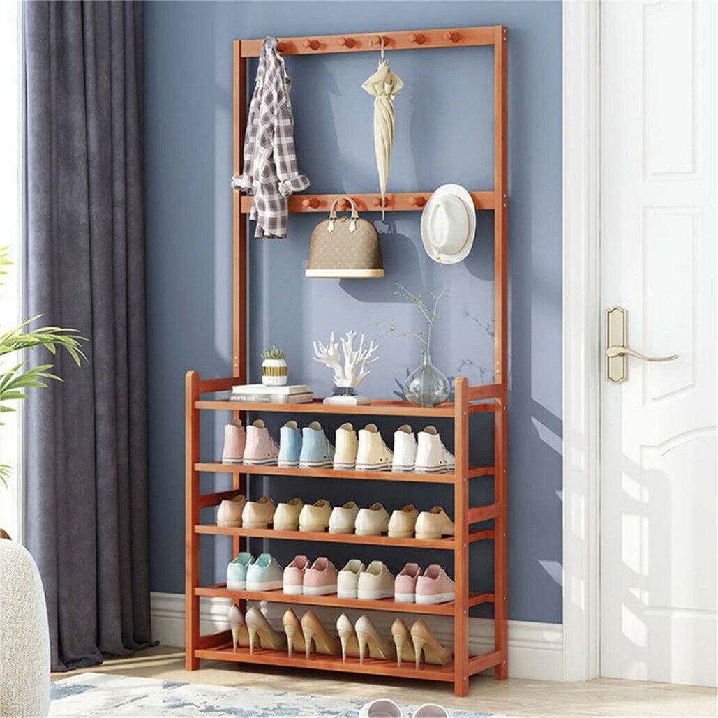 Bamboo 5-Tier Hat Coat Shoe Rack in warm reddish-brown wood with five shoe shelves, a top shelf and hanging hooks