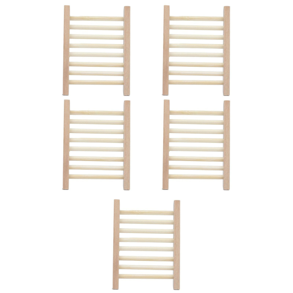 Bamboo Soap Dish set of five natural light-brown bamboo racks with parallel slats and open drainage gaps