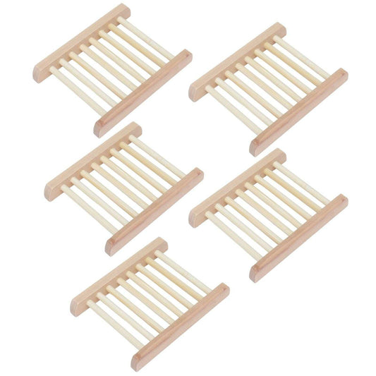 Bamboo Soap Dish set of five natural light tan bamboo soap holders with slatted drainage design and raised side rails