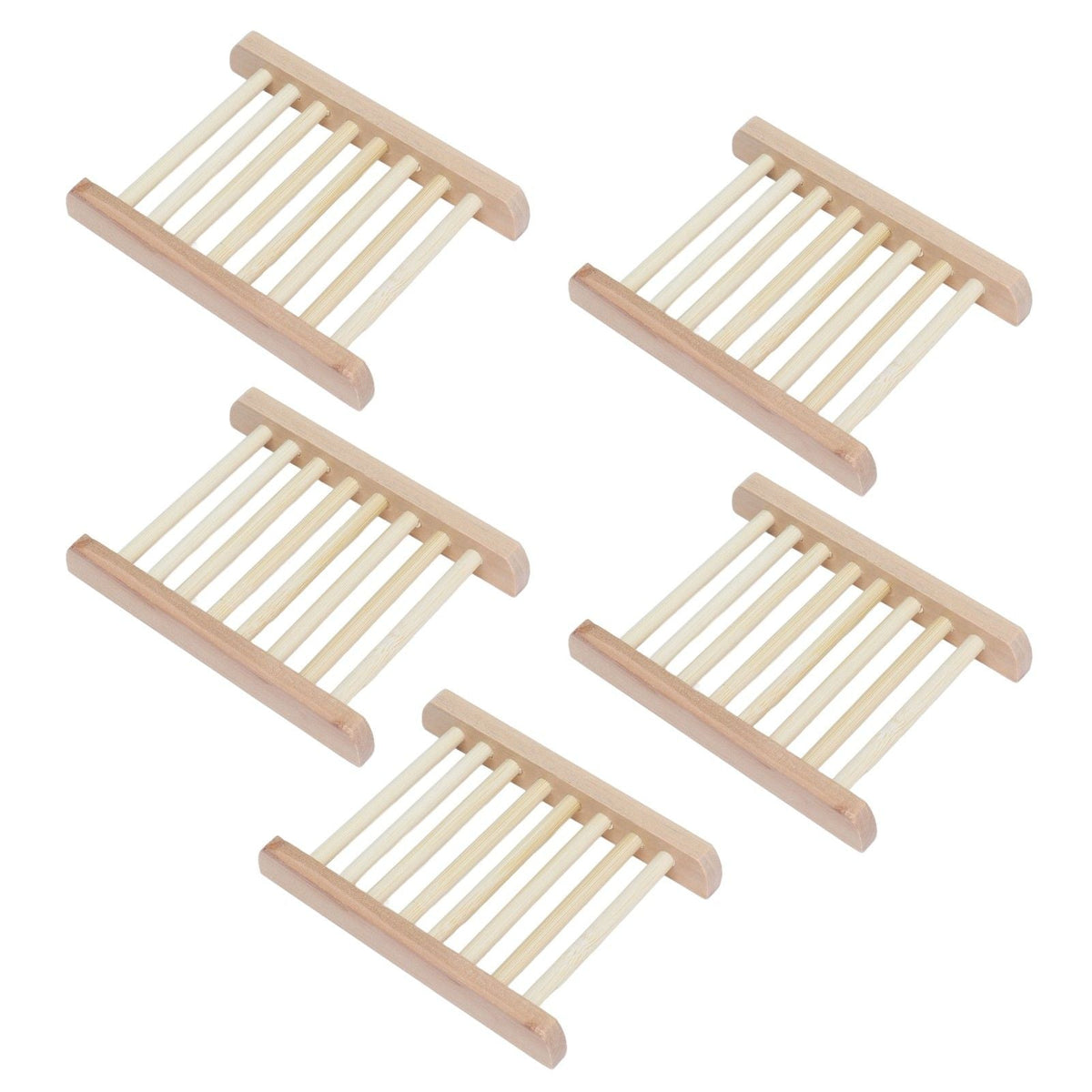 Bamboo Soap Dish set of five natural light tan bamboo slatted trays with raised ends for drainage