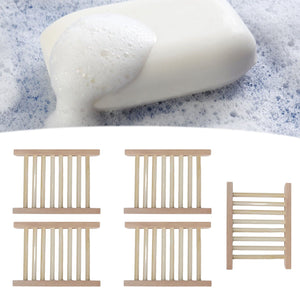 Bamboo Soap Dish set of five natural light bamboo slatted trays with open drainage gaps and a soap bar