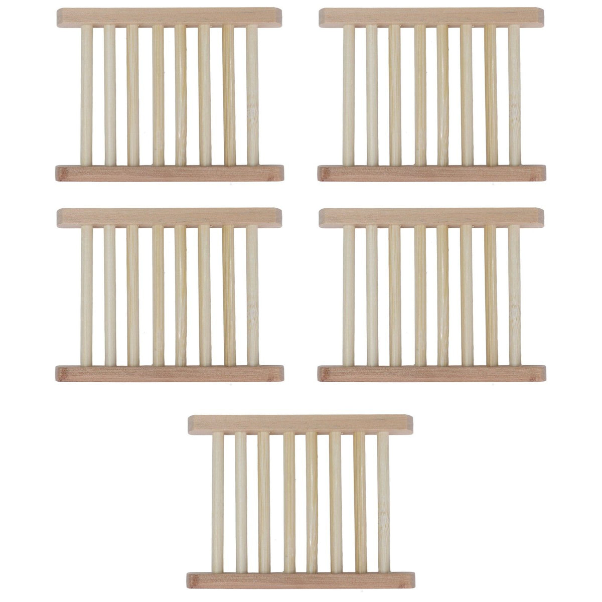 Bamboo Soap Dish set of five natural light-brown bamboo trays with raised slats and open drainage gaps