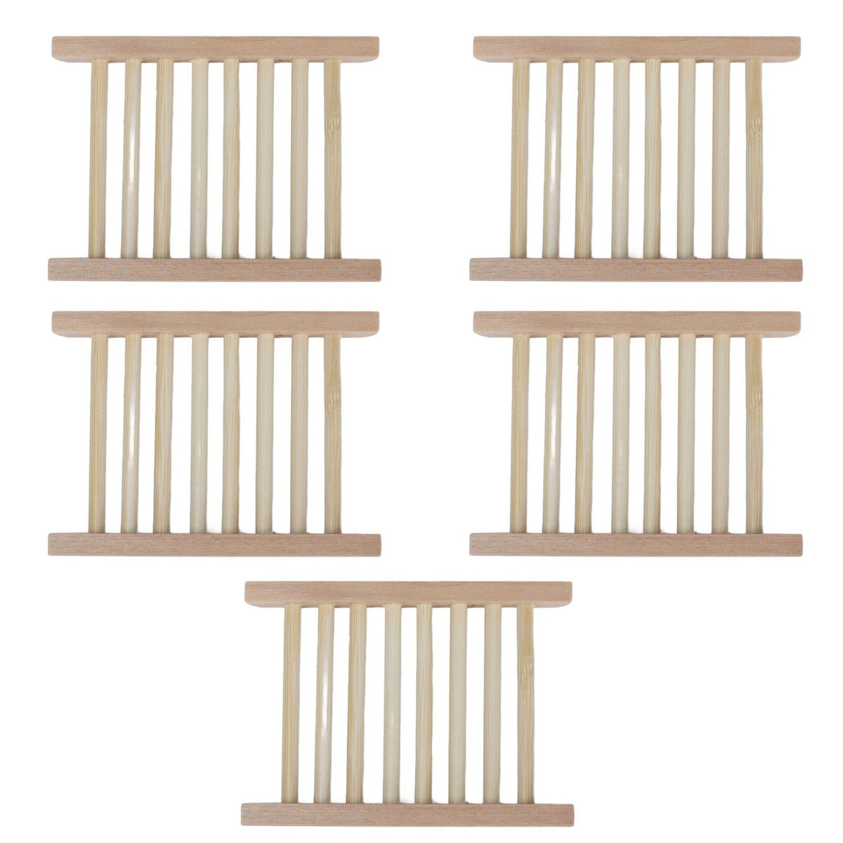 Bamboo Soap Dish set of five natural light-brown bamboo racks with open slatted drainage design
