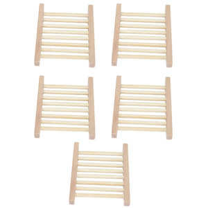 Bamboo Soap Dish set of five light natural bamboo trays with slatted drainage surfaces and raised side rails