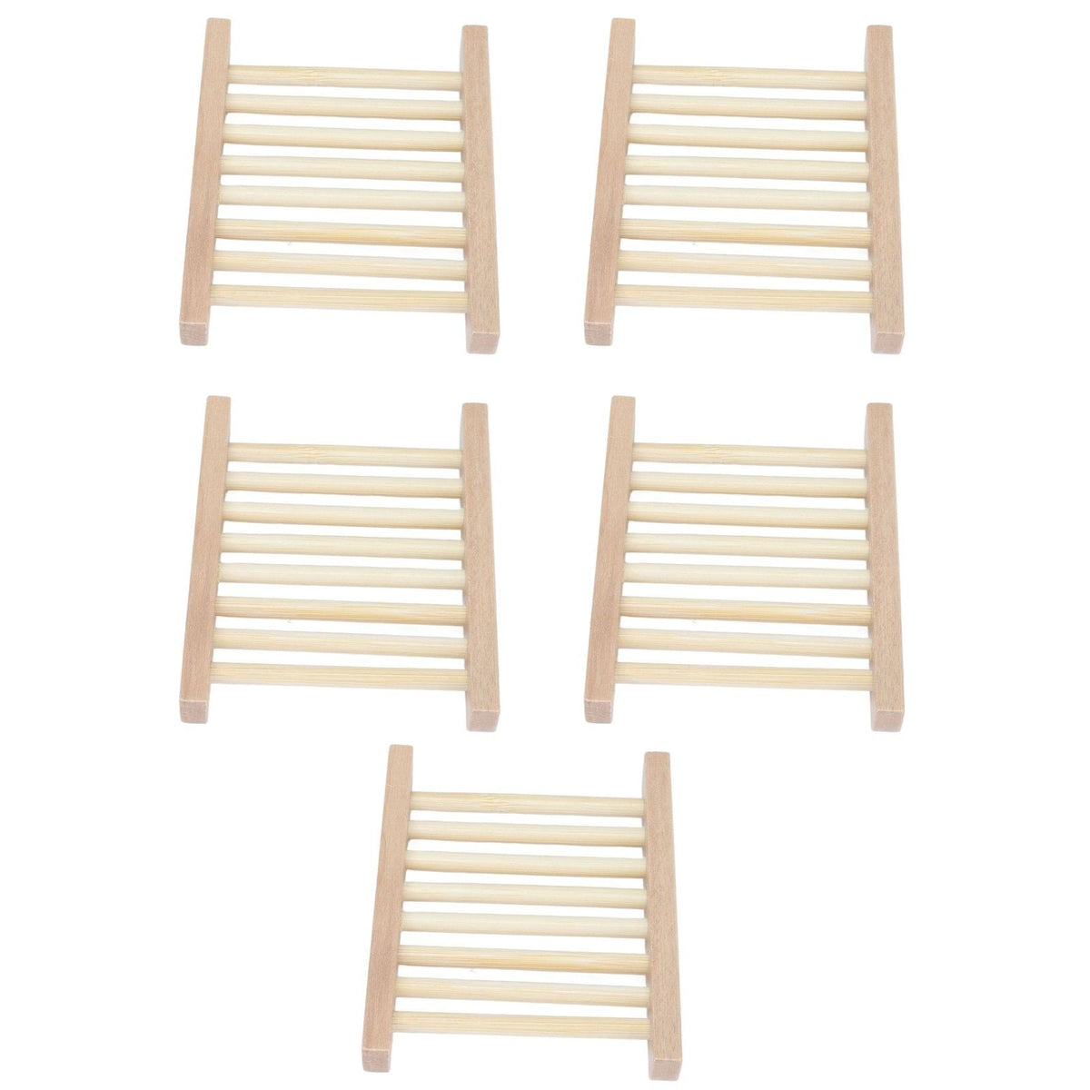 Bamboo Soap Dish set of five light natural bamboo trays with slatted drainage surfaces and raised side rails