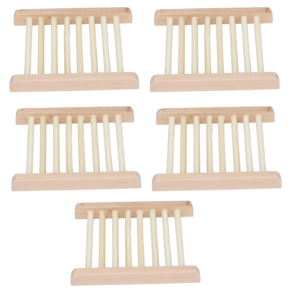 Bamboo Soap Dish set with five light natural wood-toned bamboo trays and raised slatted drainage bars