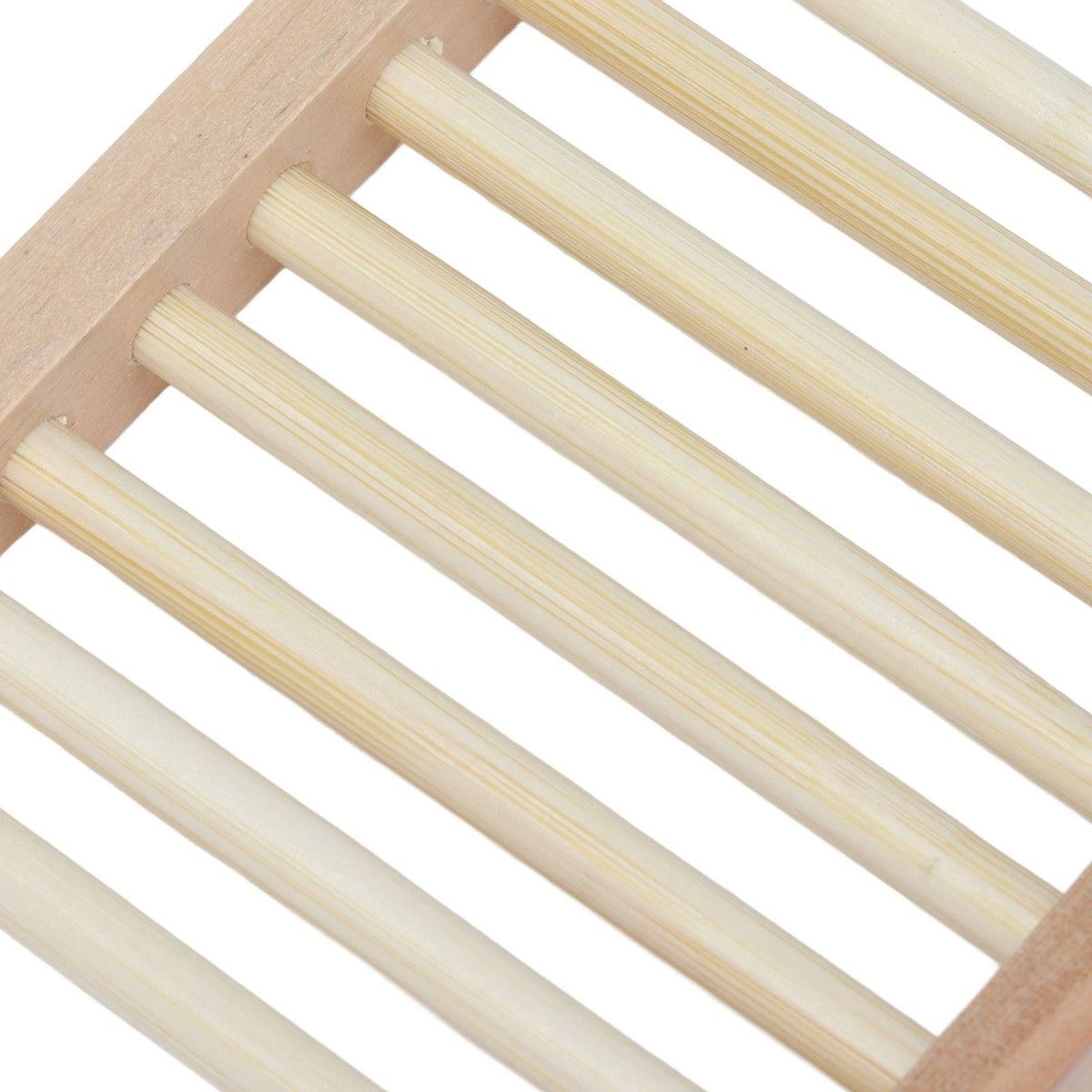 Bamboo Soap Dish in pale natural bamboo, with smooth parallel drainage slats and a sturdy rectangular frame.