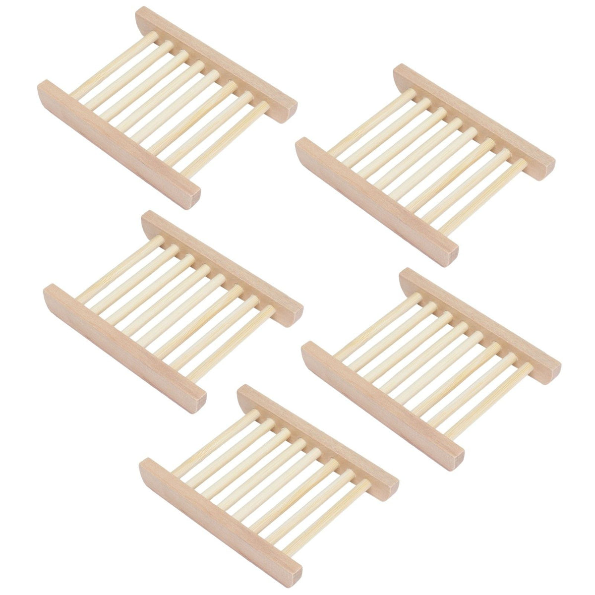 Bamboo Soap Dish pack of five natural light wood soap holders with raised slatted drainage bases and side rails