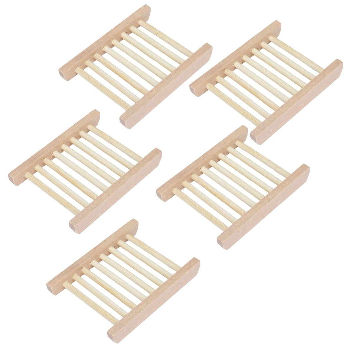 Bamboo Soap Dish set of five natural light wood slatted trays with open drainage gaps and raised side rails