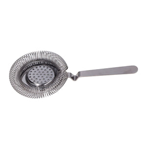 Bar Strainer Fine Filtering in polished silver stainless steel, with a circular perforated plate, coiled spring rim and long flat handle
