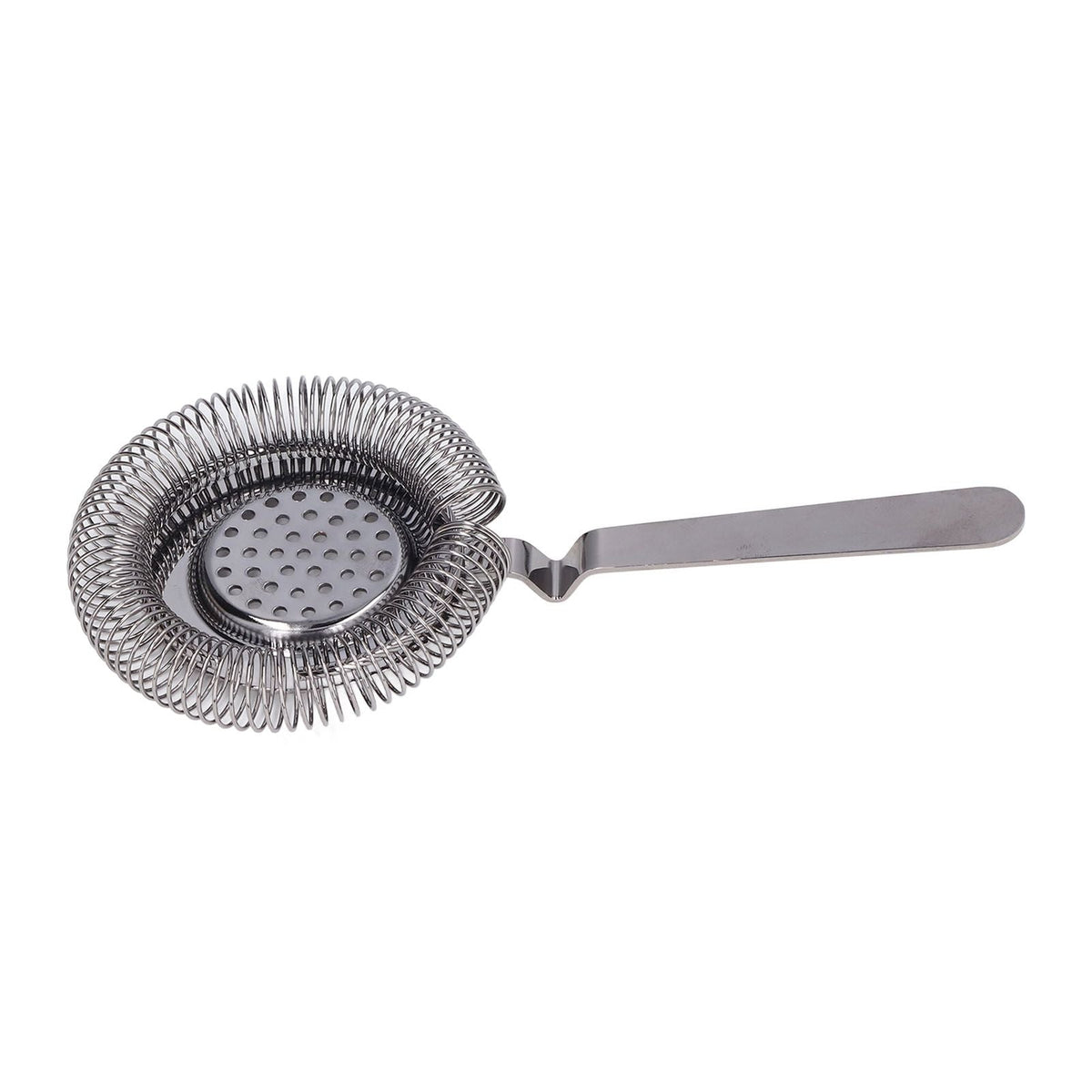 Bar Strainer Fine Filtering in polished silver stainless steel, with a circular perforated plate, coiled spring rim and long flat handle