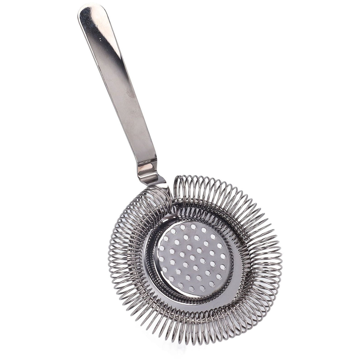 Bar Strainer Fine Filtering in polished silver stainless steel, featuring a perforated centre and coiled spring rim