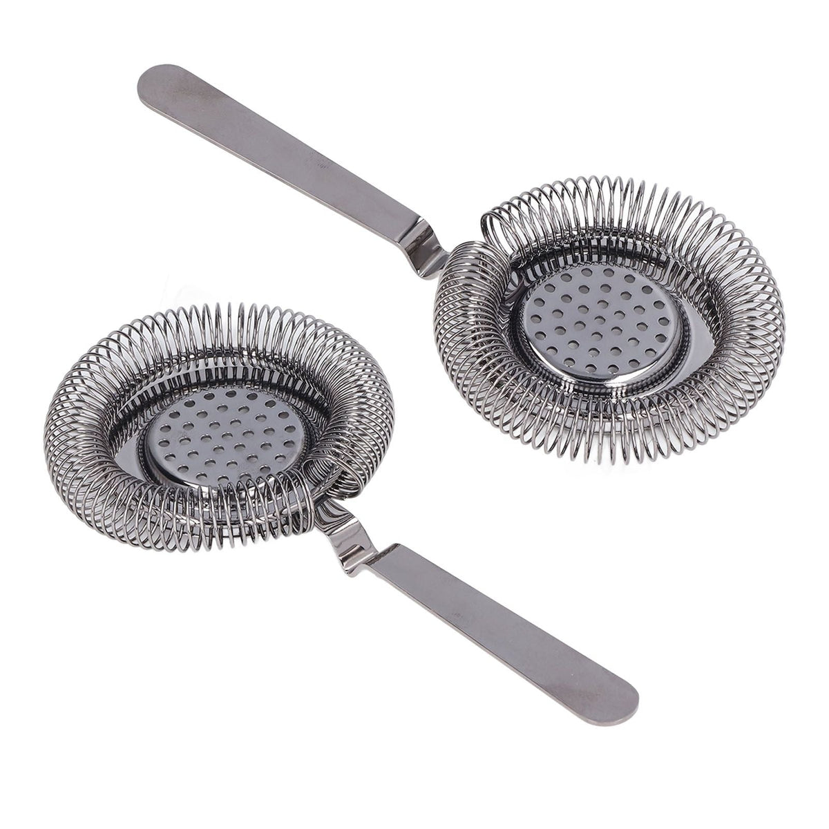 Bar strainer with a silver stainless steel finish, coiled spring rims, perforated centers, and long flat handles