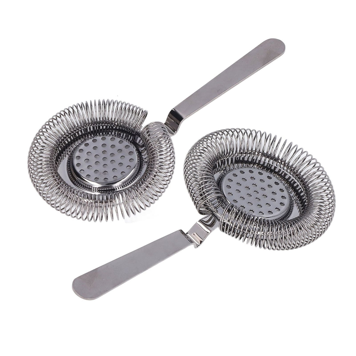 Bar Strainer Fine Filtering, polished silver metal cocktail strainer with a coiled spring rim, perforated bowl and long flat handle