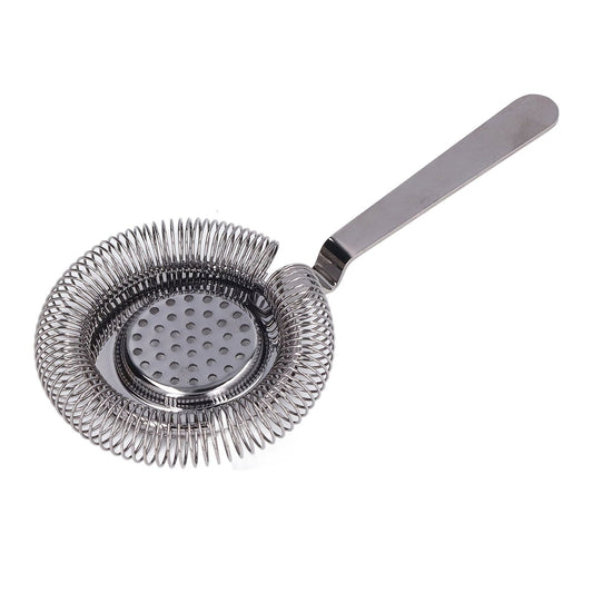 Bar strainer with a silver stainless steel spring coil, perforated center plate and long polished handle