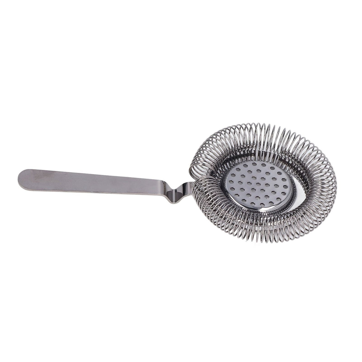 Bar Strainer Fine Filtering in silver stainless steel, with a flat handle and spring coil surrounding a perforated disc.
