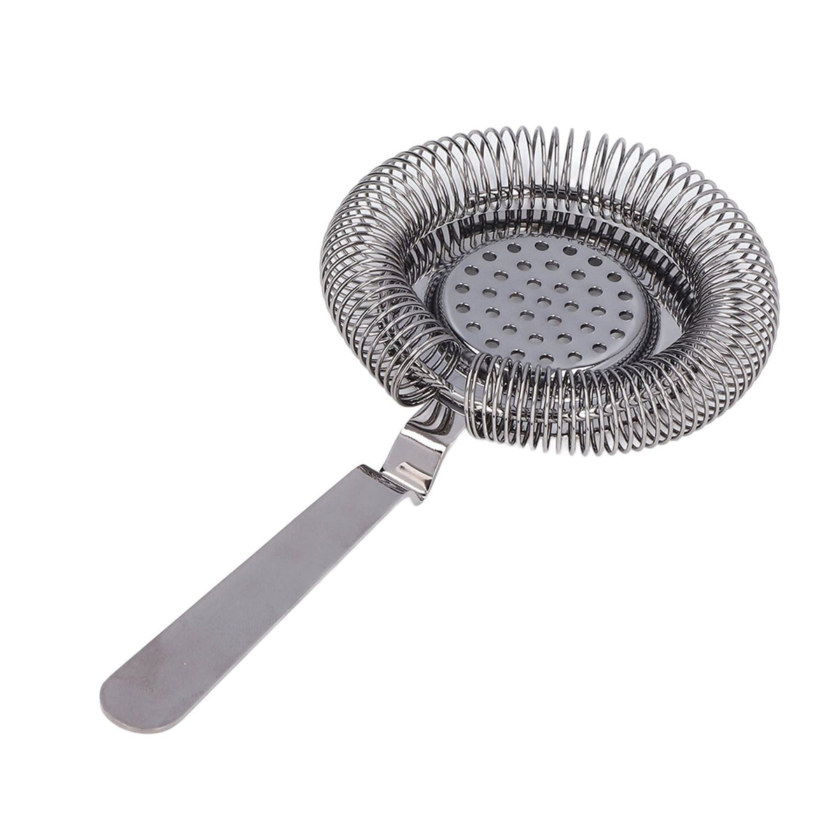 Bar Strainer Fine Filtering stainless steel cocktail strainer with a silver coiled spring rim, perforated center and flat handle